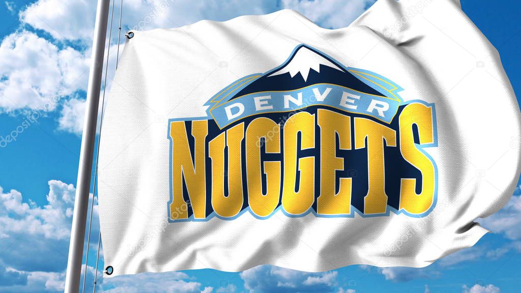 Waving flag with Denver Nuggets professional team logo. Editorial 3D