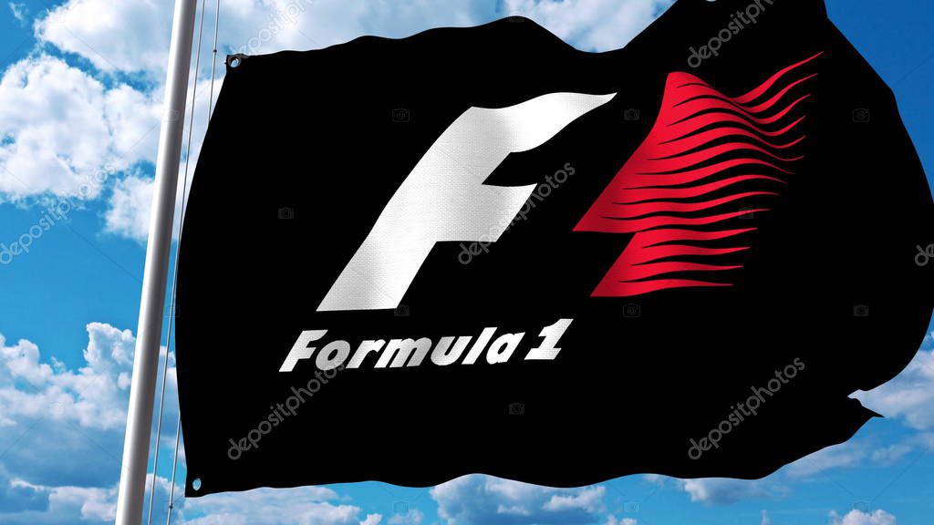 Waving flag with Formula One logo. Editorial 3D