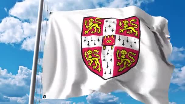 Размахивает флагом с эмблемой Кембриджского университета. Редакционный клип 4К — стоковое видео