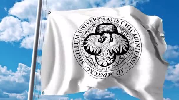 Wapperende vlag met het embleem van de Universiteit van Chicago. 4 k redactionele clip — Stockvideo