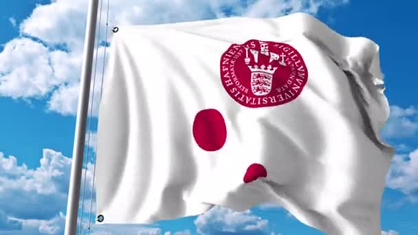 Waving flag with University of Copenhagen emblem. 4K editorial clip — Stock Video