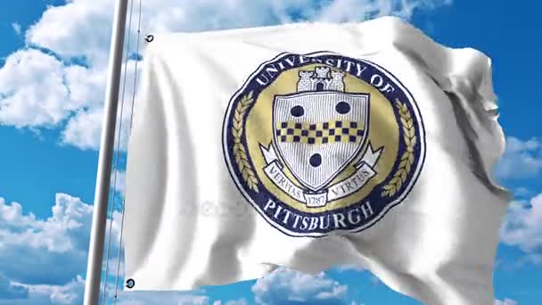 Wapperende vlag met het embleem van de Universiteit van Pittsburgh. 4 k redactionele clip — Stockvideo