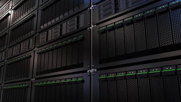 Server racks. Cloud opslagtechnologie of moderne data center concepten. 3D-rendering — Stockfoto