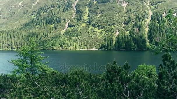 Panorera skott av skog stränder av bergiga sjön Morskie Oko eller havet Eye i Tatrabergen, Polen — Stockvideo