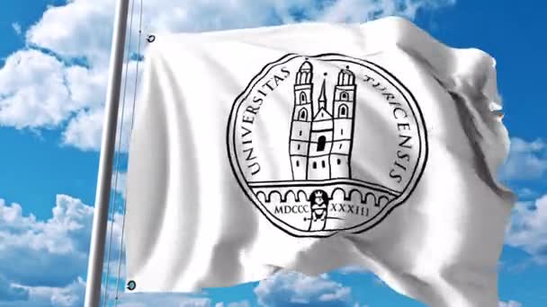 Waving flag with University of Zurich emblem. 4K editorial clip — Stock Video