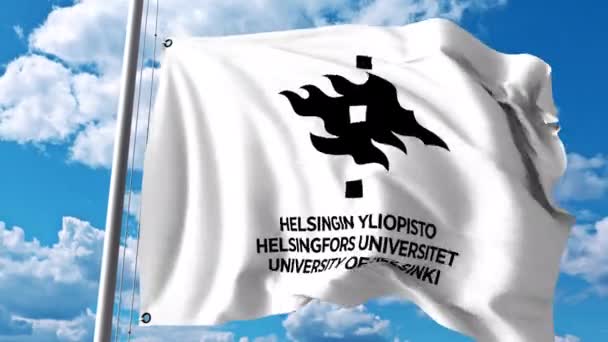 Bandeira acenando com o emblema da Universidade de Helsinque. Clipe editorial 4K — Vídeo de Stock