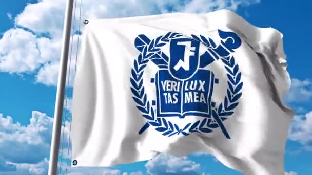 Machać flaga z godłem Seoul National University. 4 k Video Redakcja — Wideo stockowe