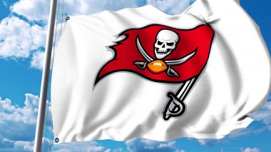 Waving flag with Tampa Bay Buccaneers professional team logo. Editorial 3D rendering clipart