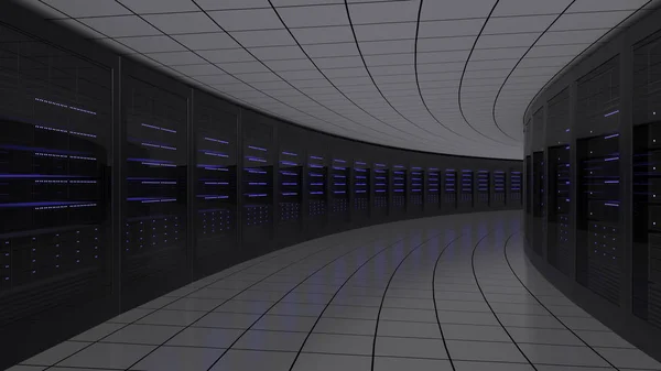 Moderna sala server piena di rack. Tecnologie cloud o concetti di data center. Rendering 3D — Foto Stock