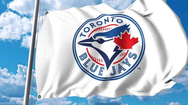 Toronto Blue Jays profesyonel takım logolu bayrak sallıyor. Editoryal 3d render — Stok fotoğraf