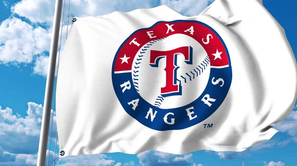 テキサス ・ レンジャーズのプロフェッショナルなチームのロゴと旗を振っています。3 d レンダリングの社説 — ストック写真