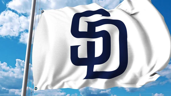 Κουνώντας τη σημαία με το San Diego Padres λογότυπο επαγγελματικής ομάδας. Συντακτική 3d rendering — Φωτογραφία Αρχείου