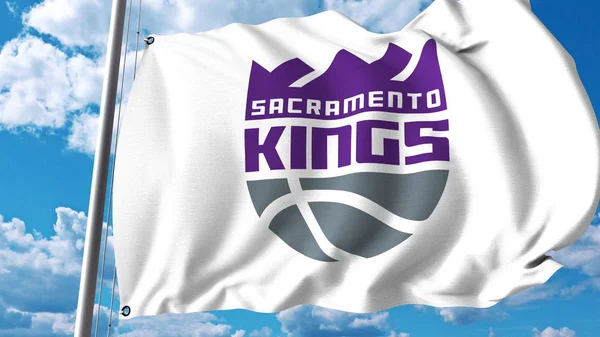 Integetett zászló Sacramento Kings szakmai team logóval. Szerkesztői 3d-leképezés — Stock Fotó