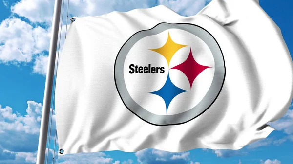 Bandera ondeando con el logotipo del equipo profesional de Pittsburgh Steelers. Representación Editorial 3D — Foto de Stock