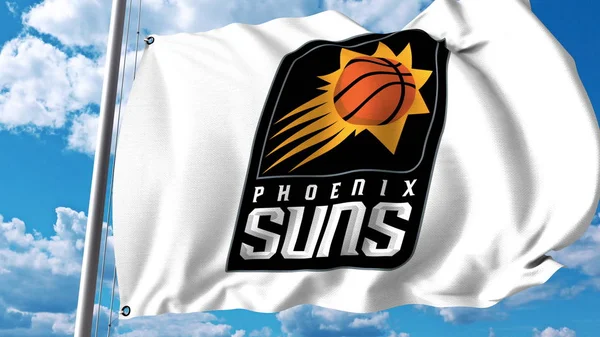 Bandera ondeando con el logotipo del equipo profesional Phoenix Suns. Representación Editorial 3D — Foto de Stock
