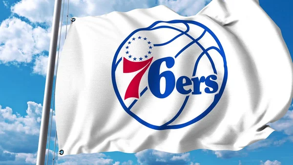 Viftande flagga med Philadelphia 76ers professionellt team logo. Redaktionella 3d-rendering — Stockfoto