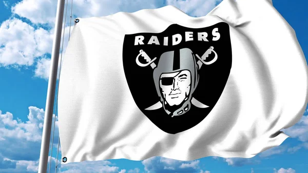 Macha flagą z Oakland Raiders profesjonalny zespół logo. Redakcji renderowania 3d — Zdjęcie stockowe