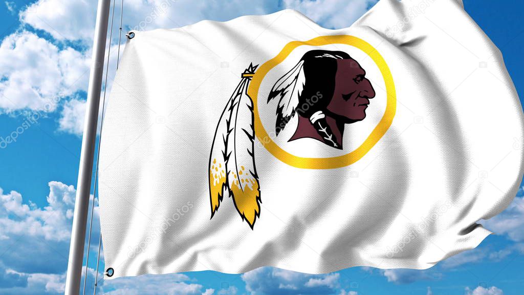 Waving flag with Washington Redskins professional team logo. 4K editorial animation