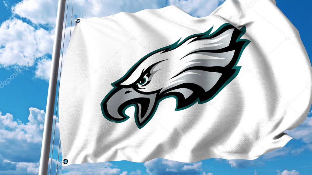 Waving flag with Philadelphia Eagles professional team logo. Editorial 3D