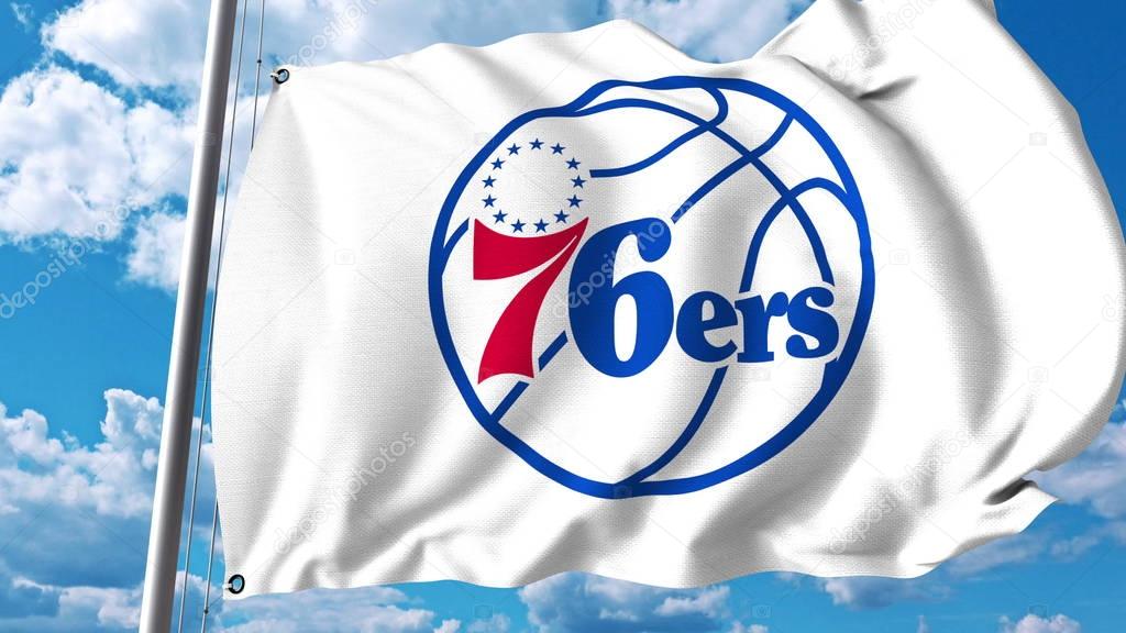 Waving flag with Philadelphia 76Ers professional team logo. Editorial 3D