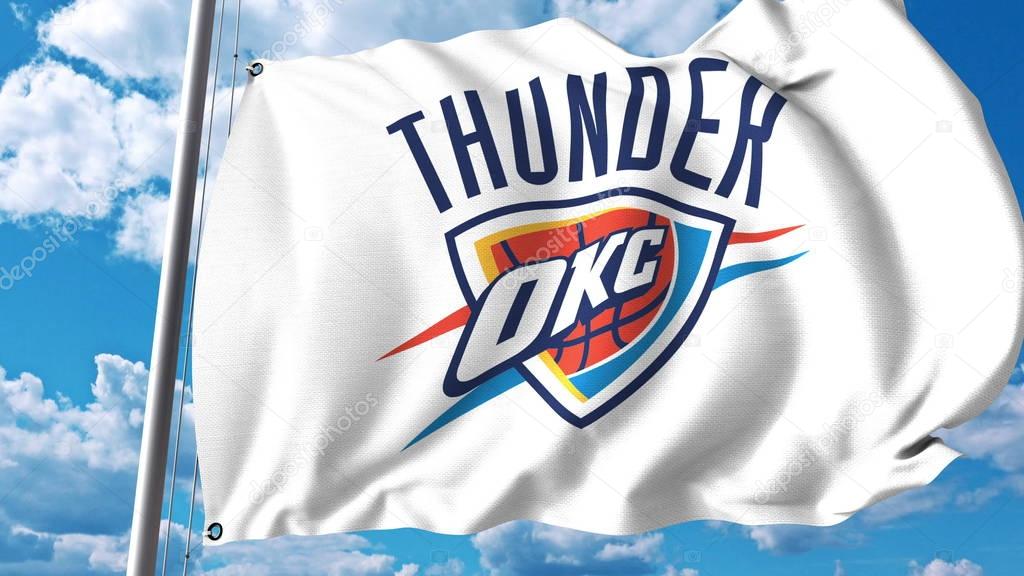 Waving flag with Oklahoma City Thunder professional team logo. Editorial 3D