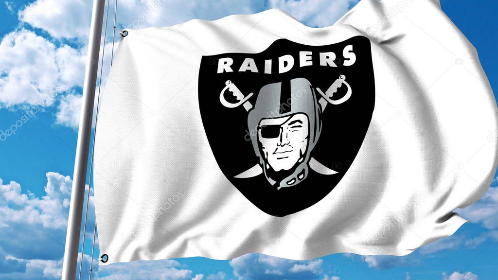 Waving flag with Oakland Raiders professional team logo. Editorial 3D