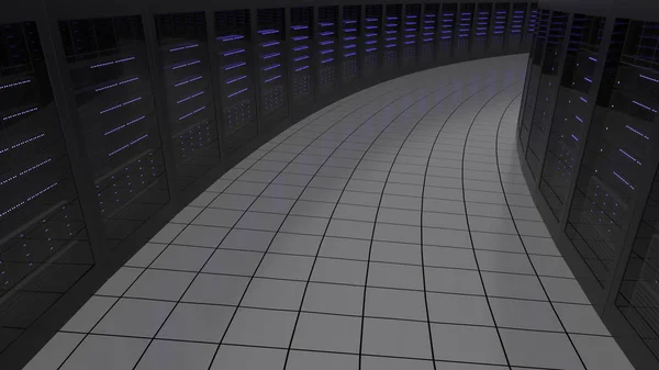 Bastidores de sala de servidores. Tecnologías de la información o conceptos de centros de datos. Renderizado 3D — Foto de Stock