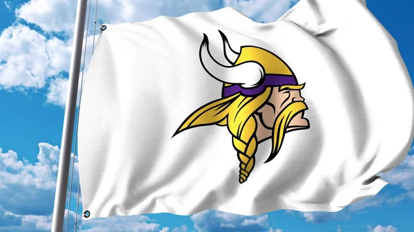 Bandiera sventolante con il logo della squadra dei Minnesota Vikings. Rendering editoriale 3D — Foto Stock