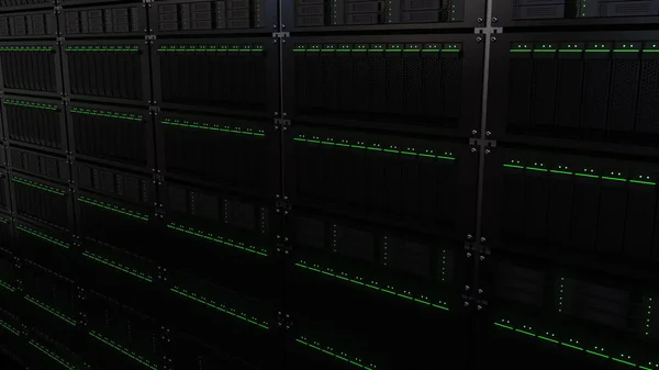 Multiple server racks. Cloud storage technology or modern data center concepts. 3D rendering