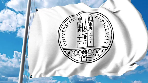 Bandiera con emblema dell'Università di Zurigo. Rendering editoriale 3D — Foto Stock