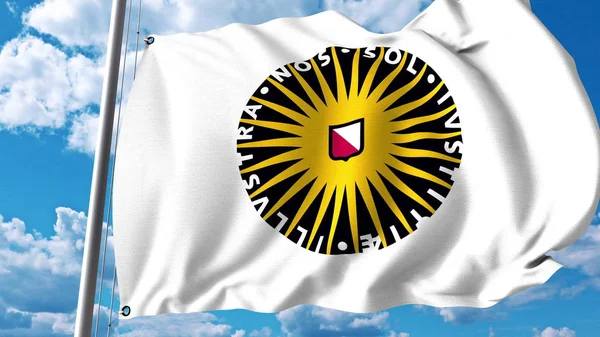 Fahne mit dem Emblem der Universität von Utrecht schwenkend. redaktionelles 3D-Rendering — Stockfoto