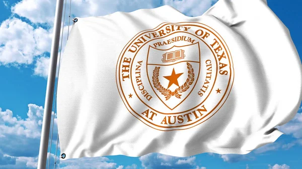 Drapeau agitant avec l'emblème de l'Université du Texas Austin. Editorial rendu 3D — Photo