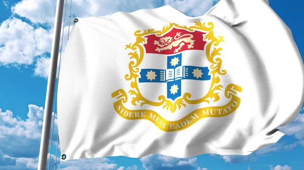 Wapperende vlag met het embleem van de Universiteit van Sydney. Redactioneel 3D-rendering — Stockfoto