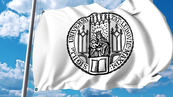 Fahnenschwenken mit dem Emblem der Universität München. redaktionelles 3D-Rendering — Stockfoto