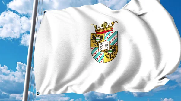 Bandiera sventolante con emblema dell'Università di Groninga. Rendering editoriale 3D — Foto Stock