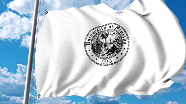 Wapperende vlag met het embleem van de Universiteit van Florida. Redactioneel 3D-rendering — Stockfoto