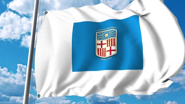 Bandiera sventolante con emblema Università di Barcellona. Rendering editoriale 3D — Foto Stock
