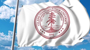 Waving flag with Stanford University emblem. Editorial 3D rendering clipart