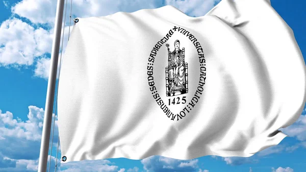 Wapperende vlag met het embleem van de Ku Leuven. Redactioneel 3D-rendering — Stockfoto