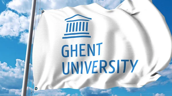 Bandiera sventolante con emblema dell'Università di Gand. Rendering editoriale 3D — Foto Stock