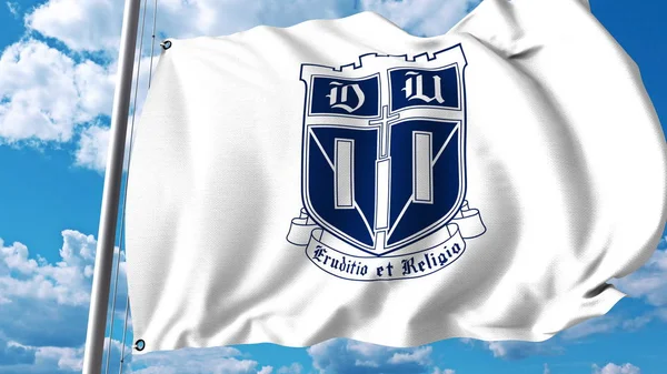 Bandera ondeando con el emblema de la Universidad Duke. Representación Editorial 3D —  Fotos de Stock