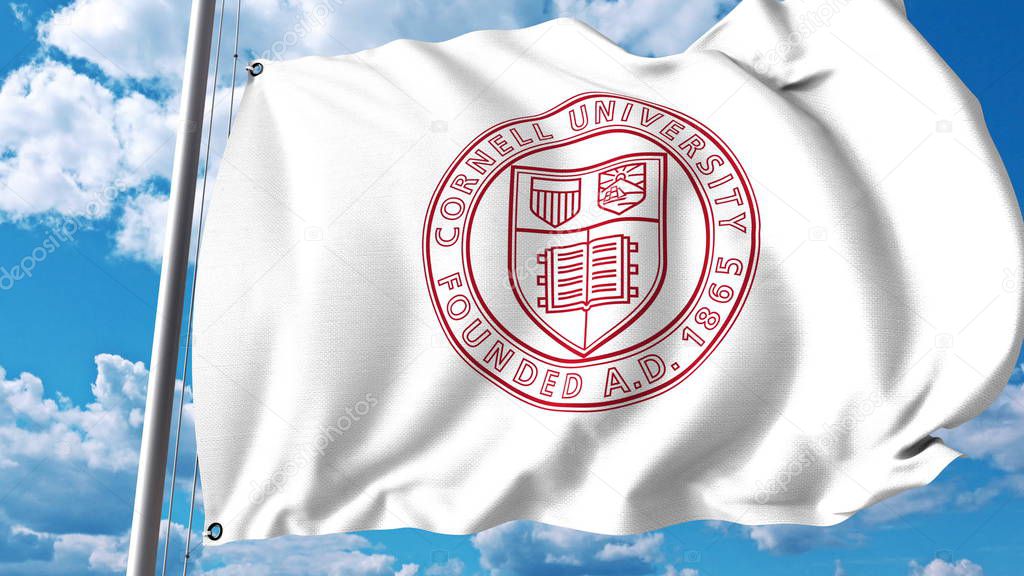 Bandera ondeando con el emblema de la Universidad de Cornell
