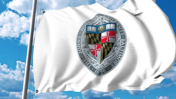 Bandera ondeando con el emblema de la Universidad Johns Hopkins. Representación Editorial 3D — Foto de Stock