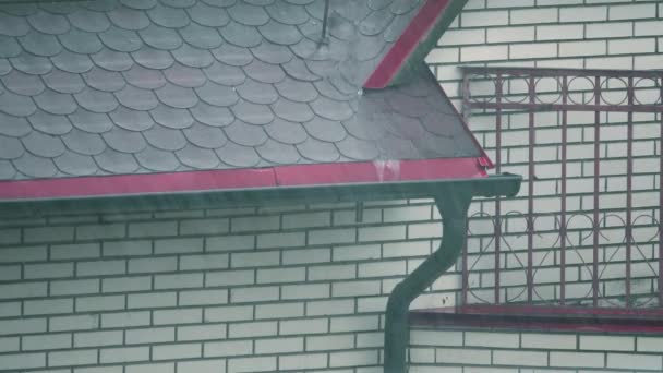 Downspout and pouring water on the roof in the rain — Stock Video