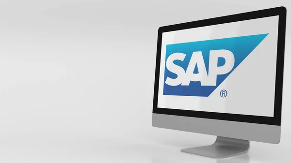 Layar komputer modern dengan logo SAP. Perenderan 3D Editorial — Stok Foto