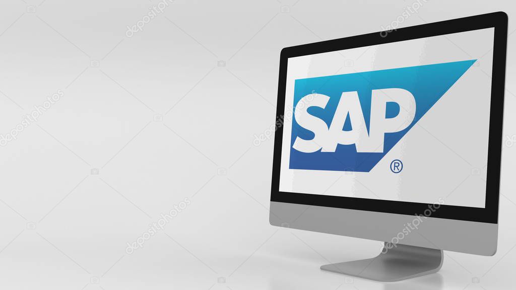 Modern computer screen with SAP logo. Editorial 3D