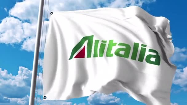 Bandiera sventolante con logo Alitalia. Clip editoriale 4K — Video Stock