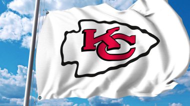 Waving flag with Kansas City Chiefs professional team logo. Editorial 3D rendering clipart