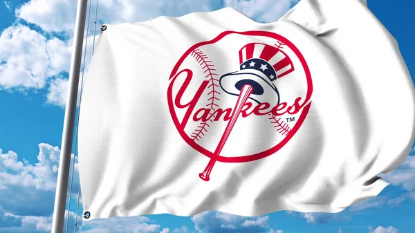 Integetett zászló a New York Yankees szakmai csapat logóját. Szerkesztői 3d-leképezés — Stock Fotó