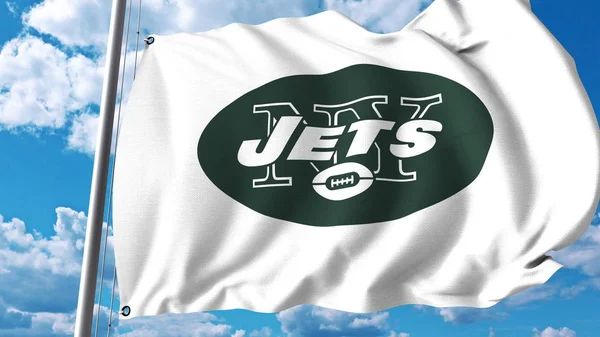 Bandera ondeando con el logotipo del equipo profesional de New York Jets. Representación Editorial 3D — Foto de Stock